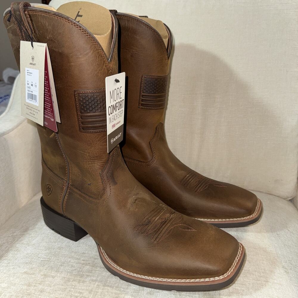 Ariat Sport Patriot II Square Toe Cowboy Boots Men Size 14 D Distressed Tan NIB